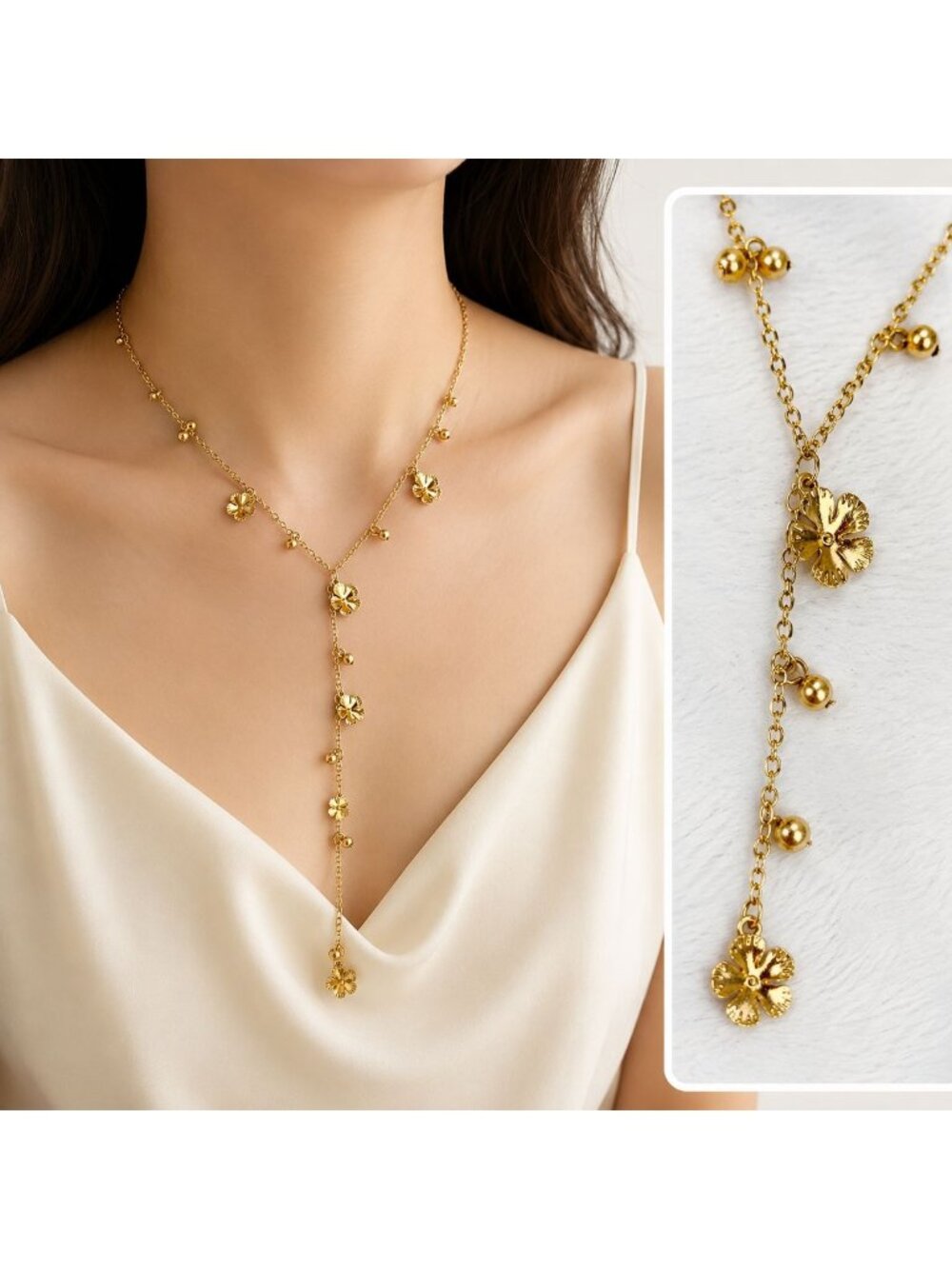 Goldtone Geranium Y Necklace 18” + Extender Flower Bead Charm Lariat Style Crave